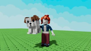 Player holding a dog pet against a green and blue background in Roblox Grow a Garden