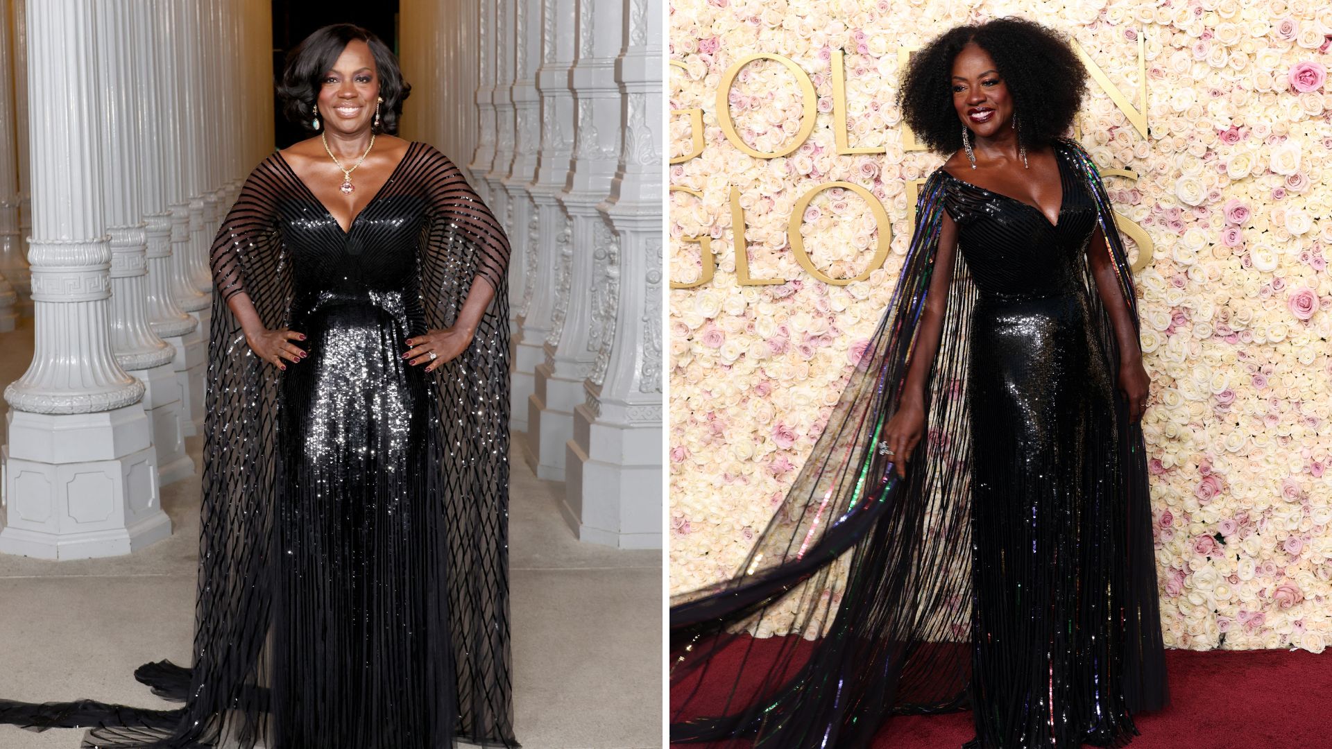 L-Viola Davis at the 2024 LACMA Gala, R-Viola Davis at the 2025 Golden Globes