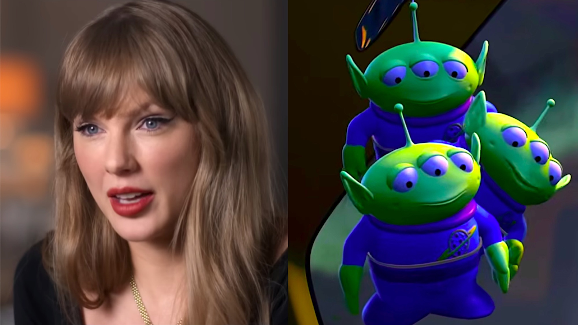 Taylor Swift in her End of and Era docuseries/ The little green aliens from Pizza Planet in Toy Story 2 (side by side image) 