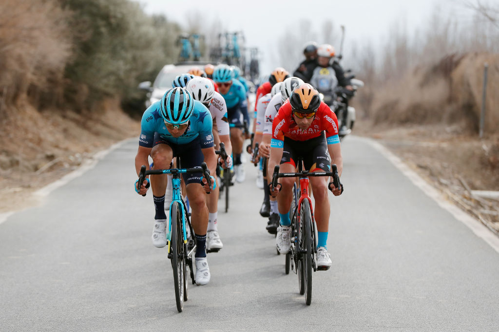 BAZA SPAIN FEBRUARY 19 LR Alexey Lutsenko of Kazahkstan and Team Astana Qazaqstan and Mikel Landa Meana of Spain and Team Bahrain Victorious compete in the breakaway during the 68th Vuelta A Andalucia Ruta Del Sol 2022 Stage 4 a 167km stage from Cllar Vega to Baza 836m 68RdS on February 19 2022 in Baza Spain Photo by Bas CzerwinskiGetty Images