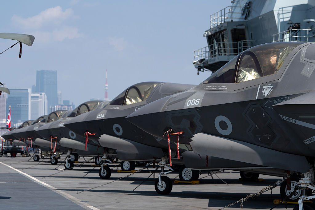 F-35B Lightning II short-takeoff and vertical landing (STOVL) variants of the stealth multirole fighter jets are seen aboard HMS Prince of Wales, the Royal Navy's flagship aircraft carrier