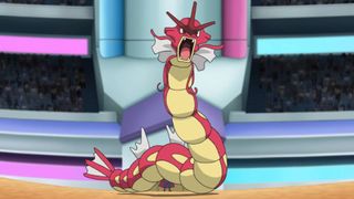 A shiny, red Gyarados seen in the Pokemon anime.