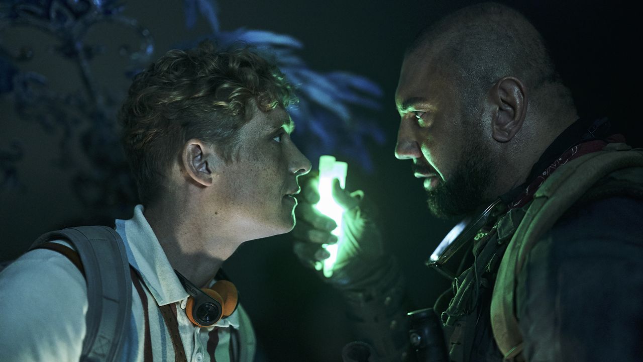 Matthias Schweigh&ouml;fer as Dieter and Dave Bautista as Scott Ward in "Army of the Dead" on Netflix.