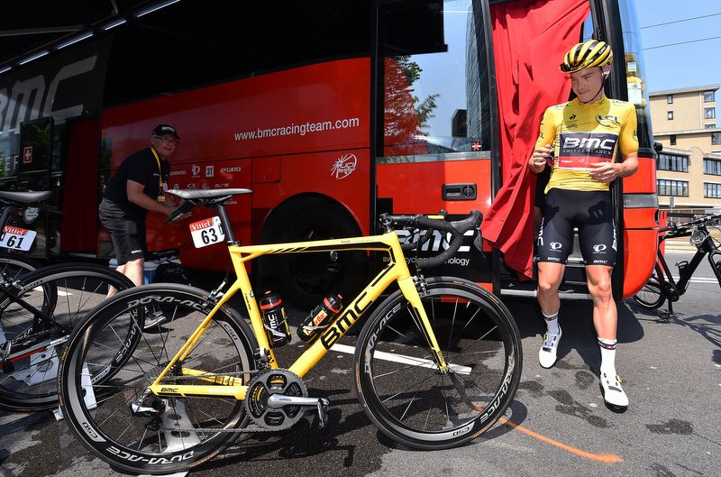 Rohan Dennis exits the team bus to find an all yellow bike