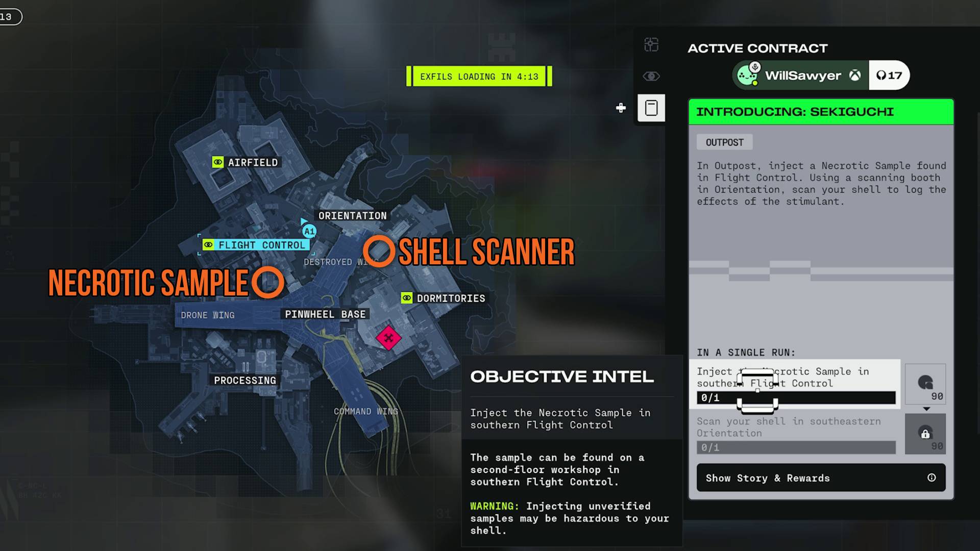 Marathon Introducing Sekiguchi necrotic sample and shell scanner marked on Outpost map