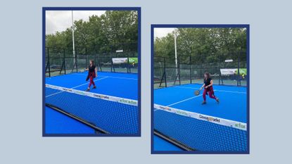 Padel for beginners being played on court by Susan Griffin with racquet