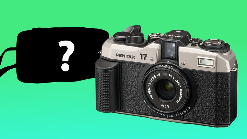 Pentax 17 next to silhouette of camera with question mark in middle 