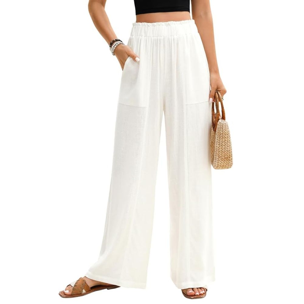 Pasuda Women's Linen Trousers Stretch Elastic High Waisted Haemose Pants for Women Casual Wide Legs, Pockets Ladies Women's Elegant Summer Pants Loose Lounge (White, L)
