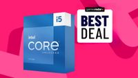 Intel Core i5-13600K box on a pink gamesradar background with a best deal stamp
