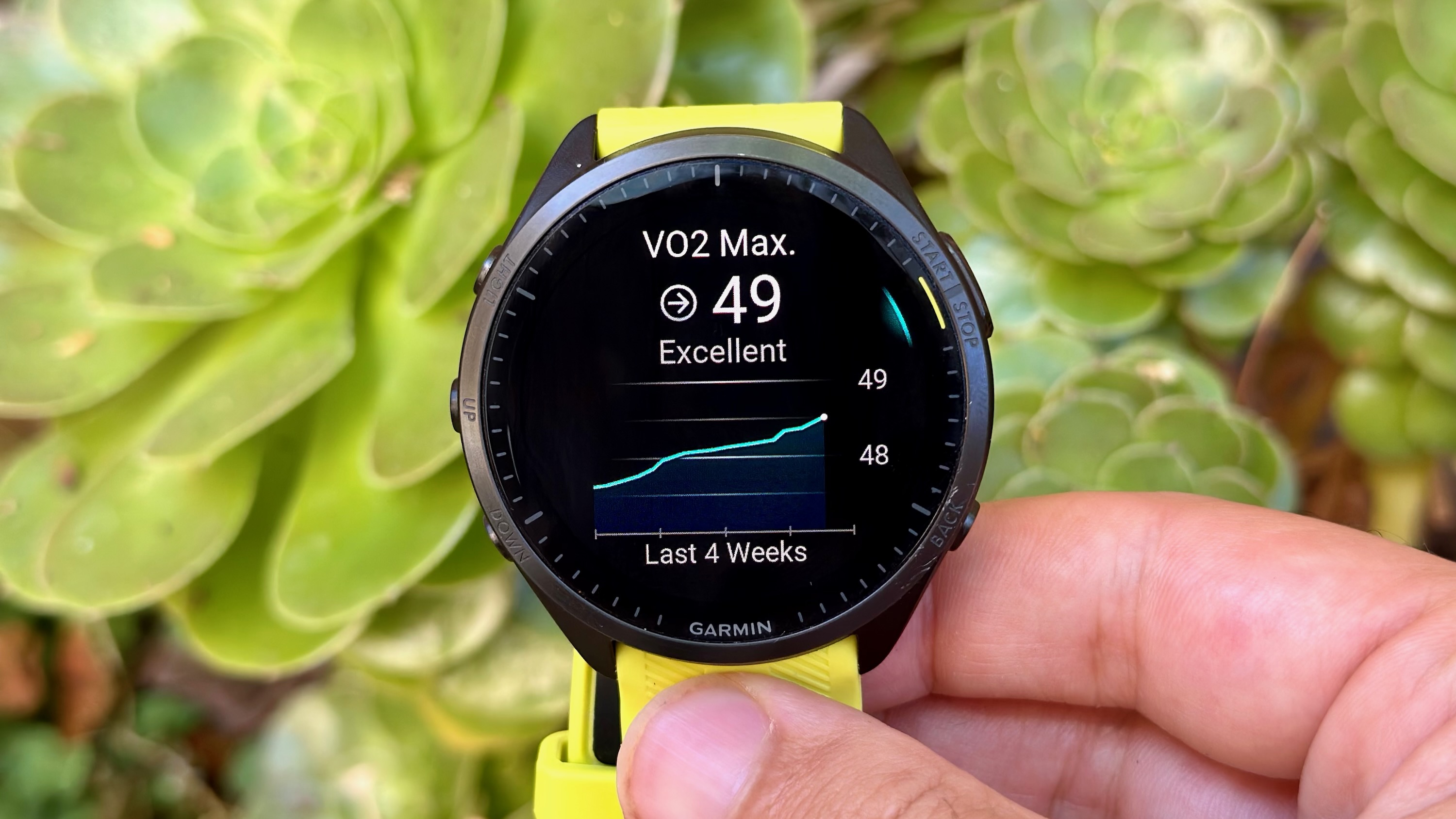 A VO2 Max chart on the Garmin Forerunner 965, showing a steady climb and a score of 49.