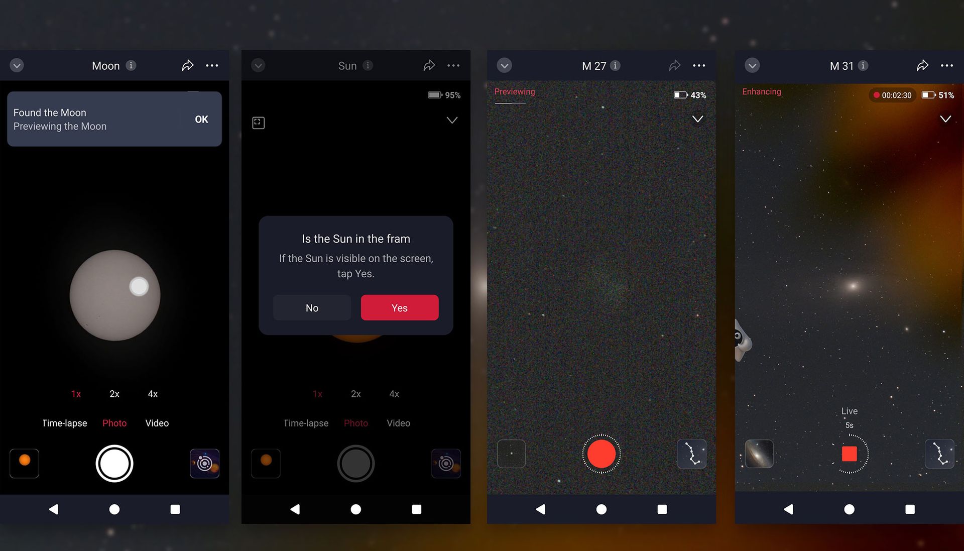 Screenshots from the zwo seestar app on smartphone