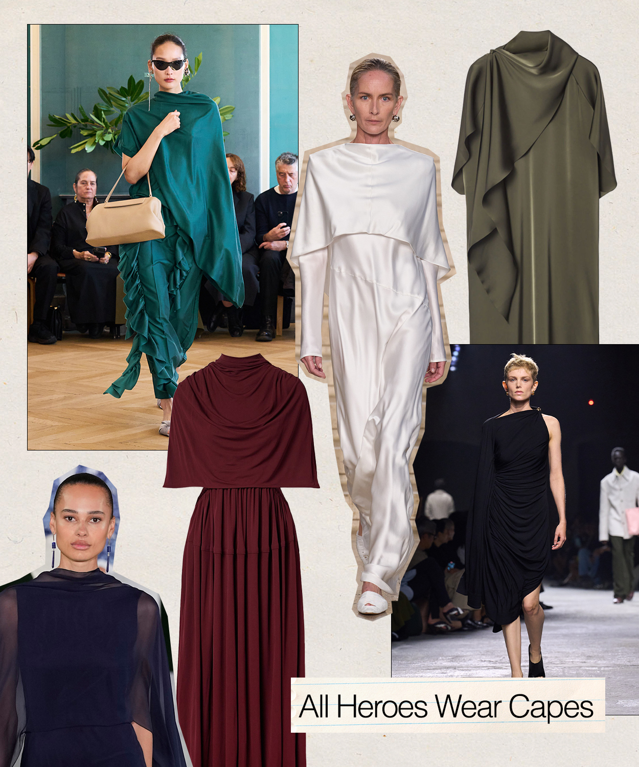 A collage of photos from the S/S 25 runways, street style, and retailers showcasing 2025 cape-dress trend with the trend name 