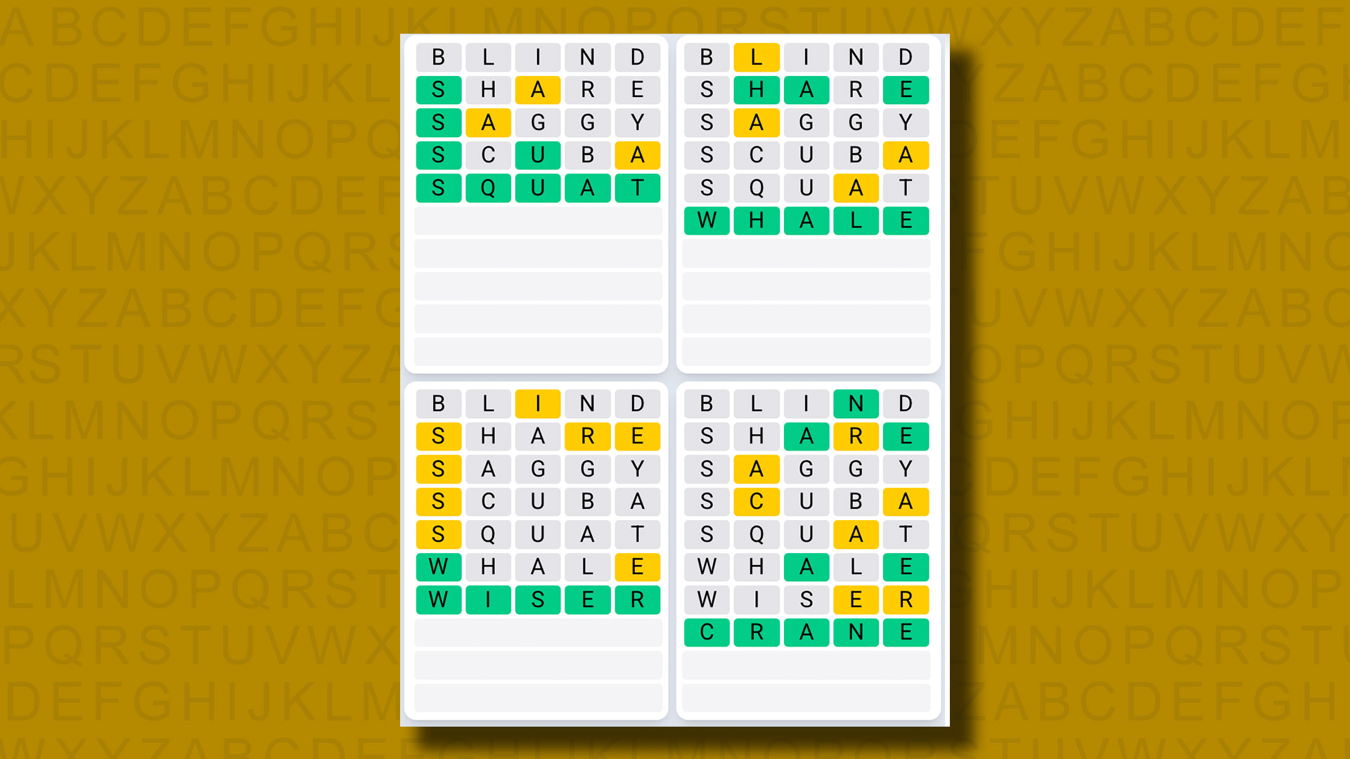 Quordle Daily Sequence answers for game 1303 on a yellow background