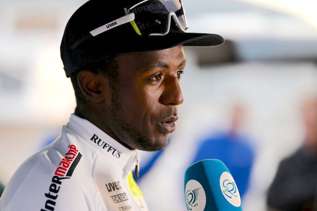 ALTEA, SPAIN - FEBRUARY 01: Biniam Girmay of Eritrea and Team Intermarcheâ€™ â€“ Circus â€“ Wanty attends to the media press at podium during the 74th Volta a la Comunitat Valenciana 2023 - Stage 1 a 189,4km stage from Orihuela to Altea / #VCV2023 / #VoltaValenciana / on February 01, 2023 in Altea, Spain. (Photo by Dario Belingheri/Getty Images)