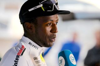 ALTEA, SPAIN - FEBRUARY 01: Biniam Girmay of Eritrea and Team Intermarcheâ€™ â€“ Circus â€“ Wanty attends to the media press at podium during the 74th Volta a la Comunitat Valenciana 2023 - Stage 1 a 189,4km stage from Orihuela to Altea / #VCV2023 / #VoltaValenciana / on February 01, 2023 in Altea, Spain. (Photo by Dario Belingheri/Getty Images)