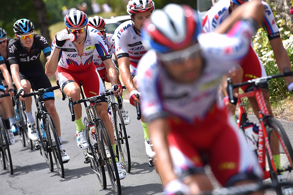 Katusha leads the peloton on stage 15 of the Tour de France