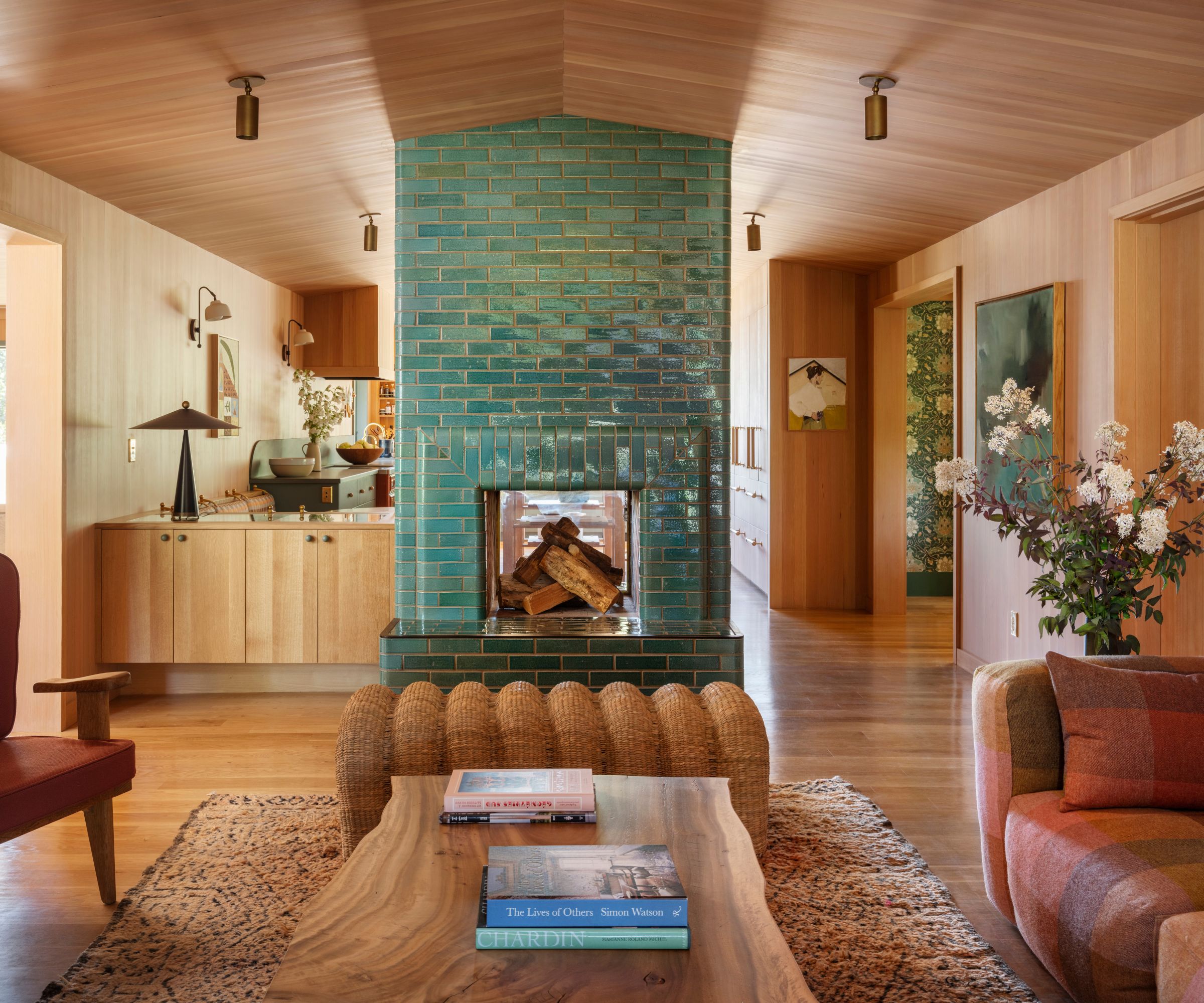 muted living room with 1970s color palette and tiled green fireplace