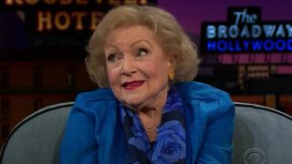 Betty White smiles during an appearance on The Late Late Show with James Corden.