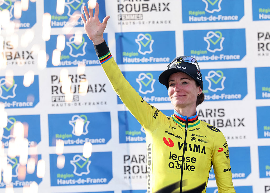 Second-placed Team Visma - Lease a Bike's Dutch rider Marianne Vos celebrates on the podium of the 6th edition of the Women Paris-Roubaix one-day classic cycling race, 143.1 km between Denain and Roubaix, at the V&amp;eacute;lodrome Andr&amp;eacute;-P&amp;eacute;trieux in Roubaix, northern France, on April 12, 2026. (Photo by Francois LO PRESTI / AFP via Getty Images)