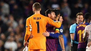 Manchester United goalkeeper David De Gea greets Barcelona's Lionel Messi after the teams' Champions League clash at Camp Nou in 2019.