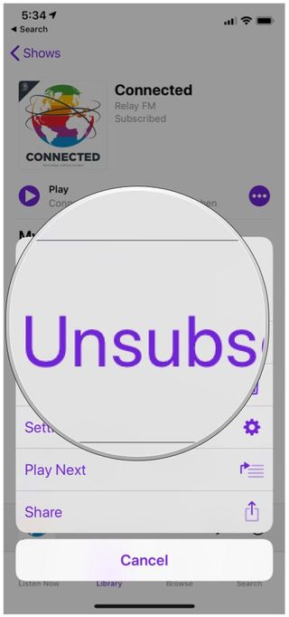 Apple Podcasts sow detail view unsubscribe option