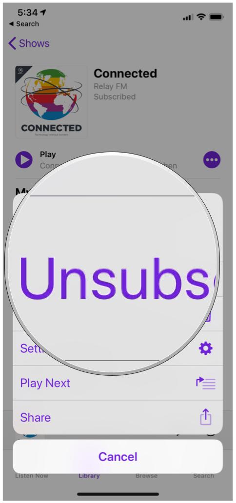 Apple Podcasts sow detail view unsubscribe option