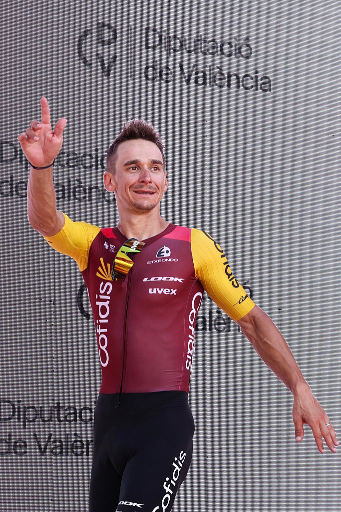 Team Cofidis' French rider Bryan Coquard celebrates on the podium after winning the eighth stage of the Vuelta a Espana 2026, a 171 km race between Pucol and Xeraco on August 29, 2026. (Photo by Josep LAGO / AFP)