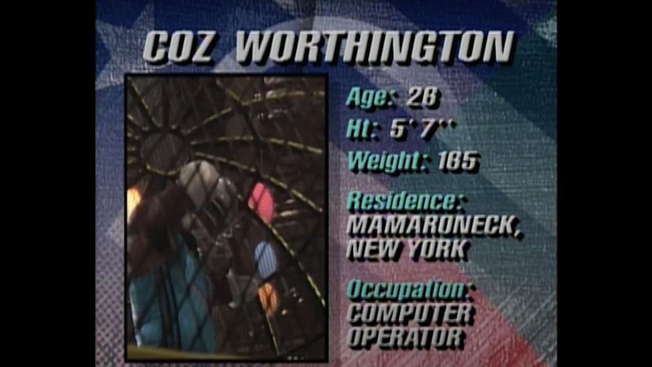 Coz Worthington's stat card from American Gladiators S3 E1.