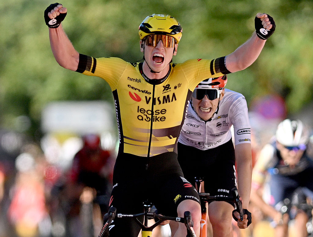 ZAKOPANE, POLAND - AUGUST 08: (L-R) Matthew Brennan of Great Britain and Team Visma | Lease a Bike celebrates at finish line as stage winner ahead of Ben Turner of Great Britain and Team INEOS Grenadiers - White Points Jersey during the 82nd Tour de Pologne 2025, Stage 5 a 206.1km stage from Katowice to Zakopane / #UCIWT / on August 08, 2025 in Zakopane, Poland. (Photo by Luc Claessen/Getty Images)