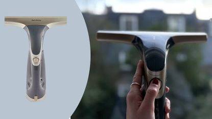 Beldray Cordless Window Vacuum on a window with the Beldray Cordless Window Vacuum cutout at the side