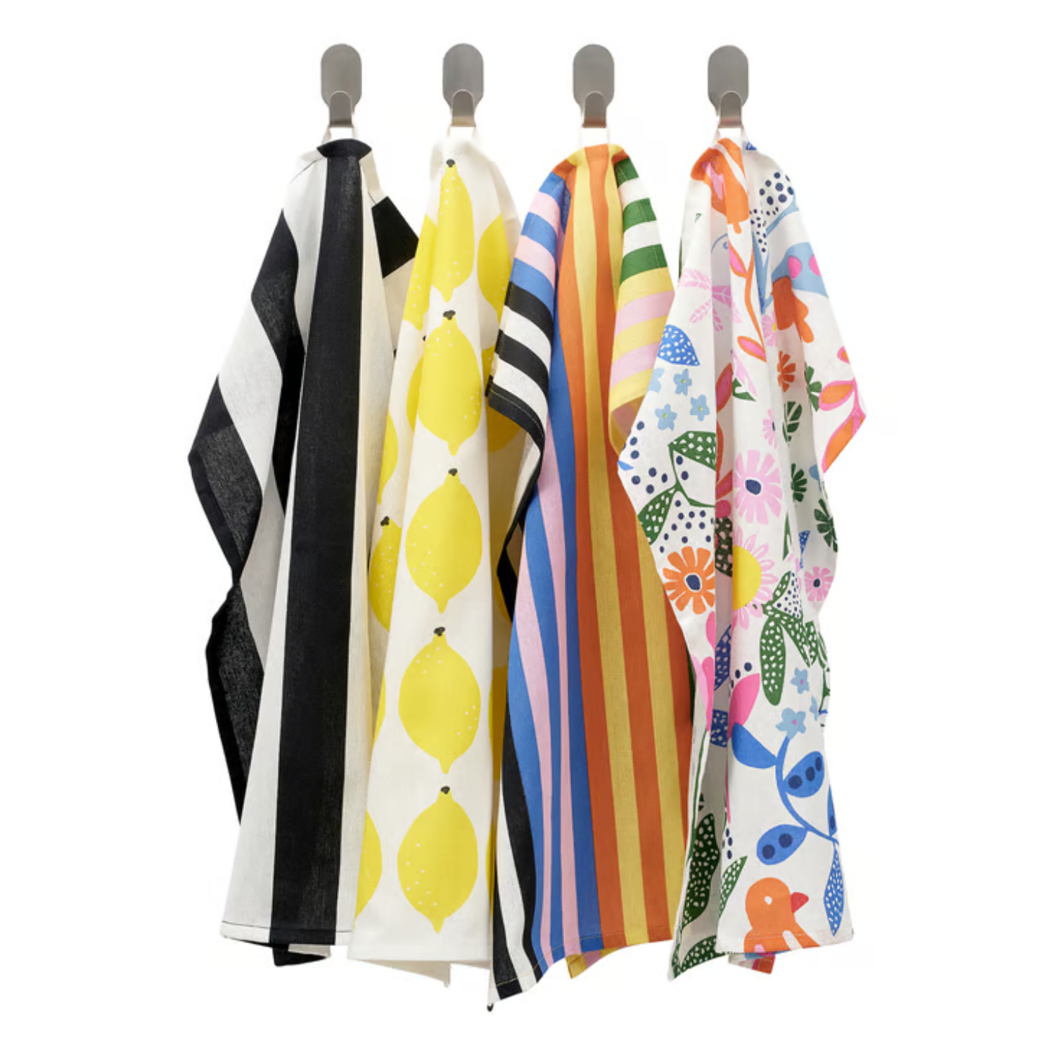 Four hanging tea towels with black and white stripes, yellow lemons, multicolor stripes and colorful flowers and leaves, respectively