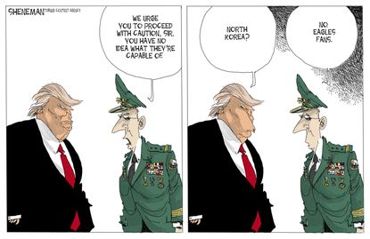 Political Cartoon U.S. Trump North Korea Philadelphia Eagles fans