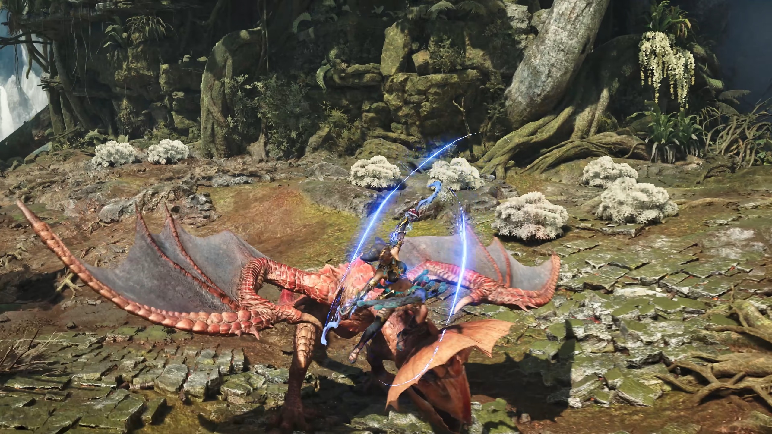 A warrior in armor rides a large, red, winged dragon in a rocky, forested landscape, with glowing blue energy arcs swirling around the creature.