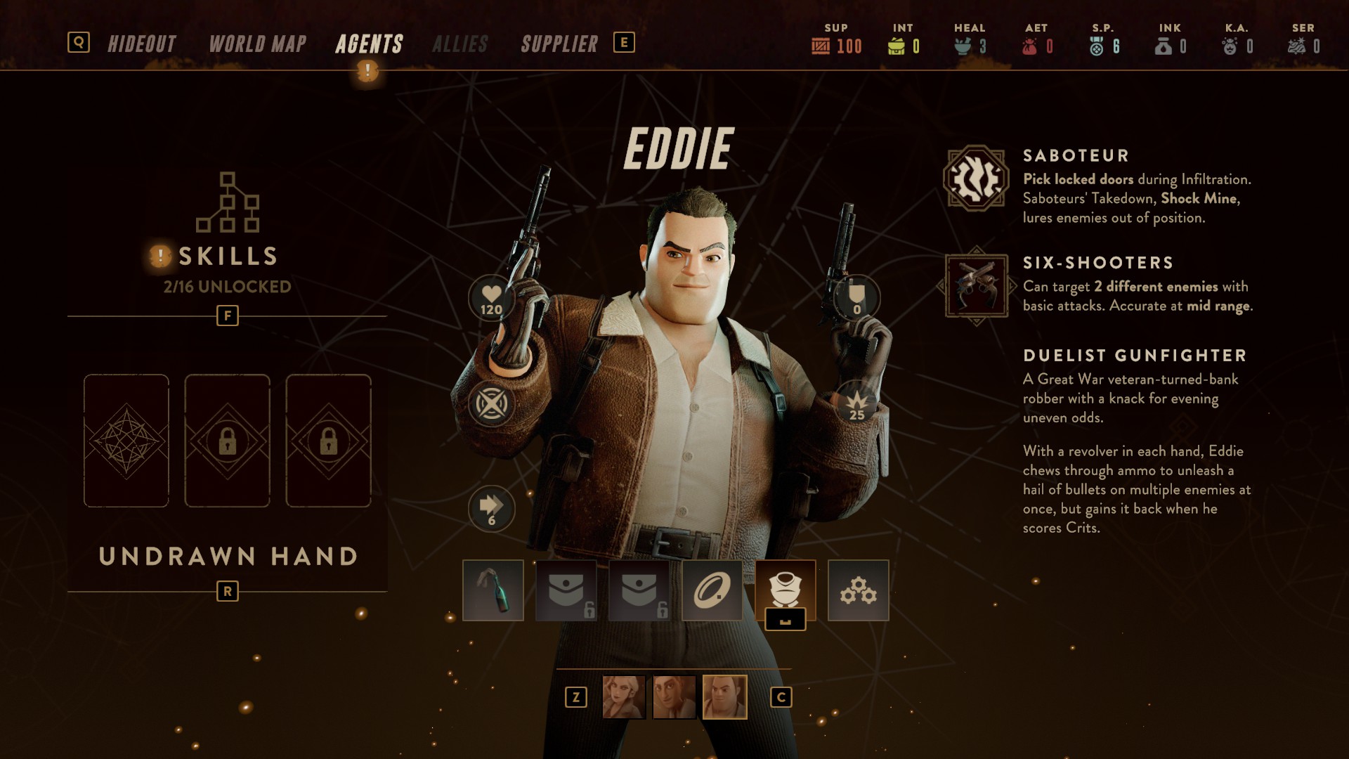 The stats screen for Eddie, a playable character from The Lamplighters League.