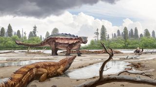 Akainacephalus johnsoni hangs out near the crocodilian Denazinosuchus.
