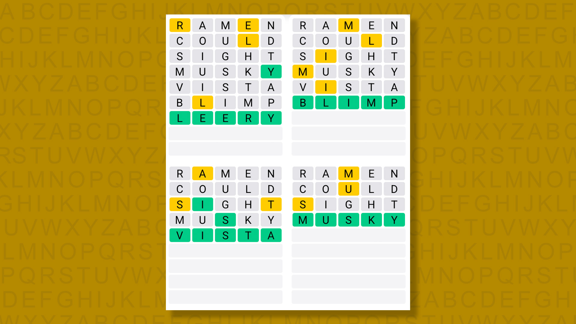 Quordle answers for game 1365 on a yellow background