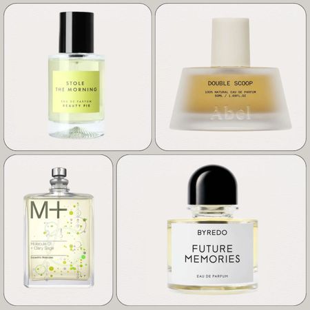 A collage of new in perfumes from Beauty Pie, Abel, Escentric Molecules and Byredo