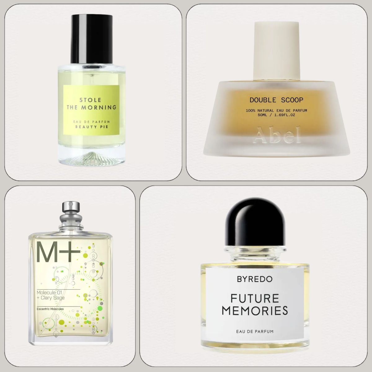 A collage of new in perfumes from Beauty Pie, Abel, Escentric Molecules and Byredo