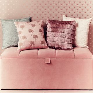 living room with pink wall and sofa with cushions