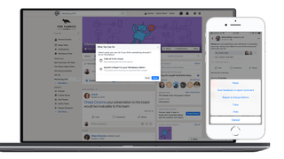A screenshot of the Workplace by Facebook interface on a laptop and mobile phone