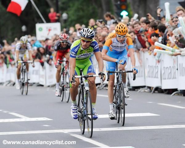 Peter Sagan (Liquigas-Doimo) beats a frustrated Ryder Hesjedal for second.