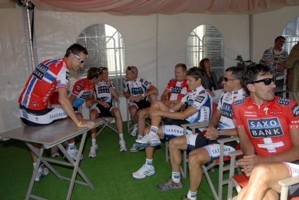 Team Saxo Bank wait for the Vuelta presentation in Assen, Netherlands.