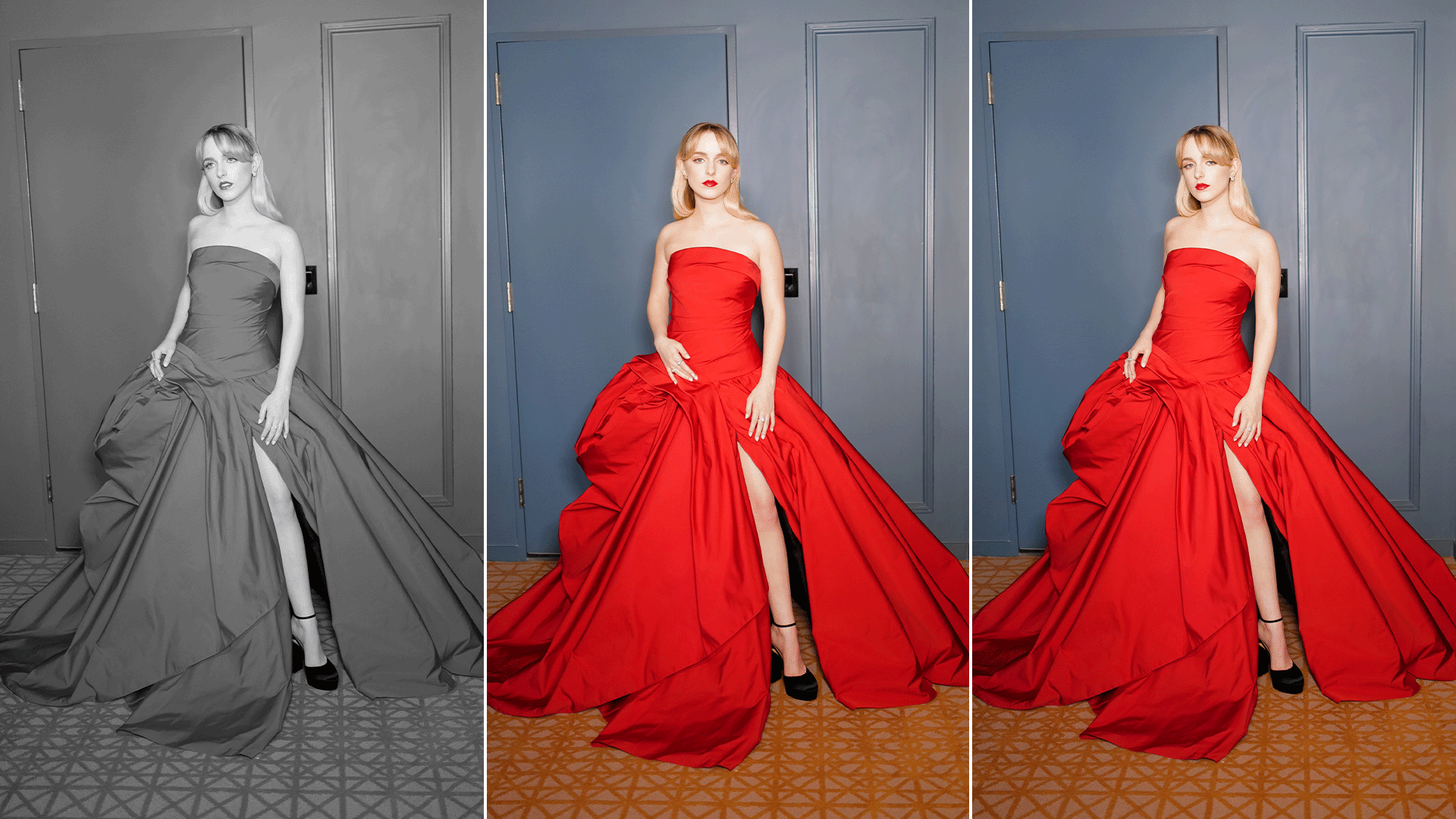 Mckenna Grace poses wearing strapless red Marchesa gown. 