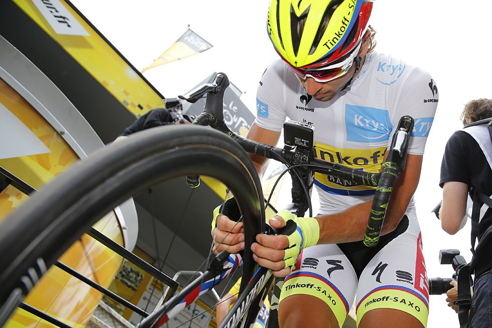 Peter Sagan (Tinkoff-Saxo) checks his brakes before stage 8