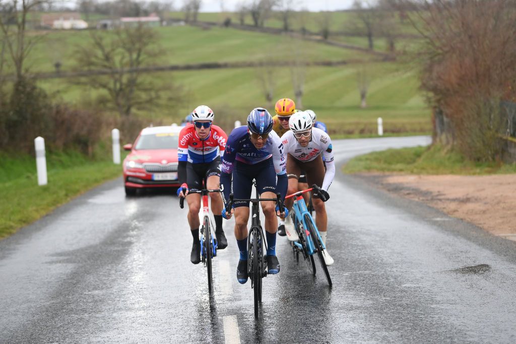 LA LOGE DES GARDES FRANCE MARCH 08 LR Hugo Houle of Canada and Team IsraelPremier Tech and Lawrence Warbasse of The United States and Ag2R Citroen Team compete in the breakaway during the the 81st Paris Nice 2023 Stage 4 a 1647km stage from SaintAmandMontrond to La Loge des Gardes 1077m UCIWT ParisNice on March 08 2023 in La Loge des Gardes France Photo by Alex BroadwayGetty Images