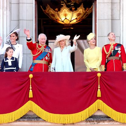 King Charles, Queen Camilla, Prince William, Princess Kate, Prince George, Princess Charlotte, Prince Louis, Prince Edward, Duchess Sophie, Lady Louise on the balcony at Trooping the Colour 2024