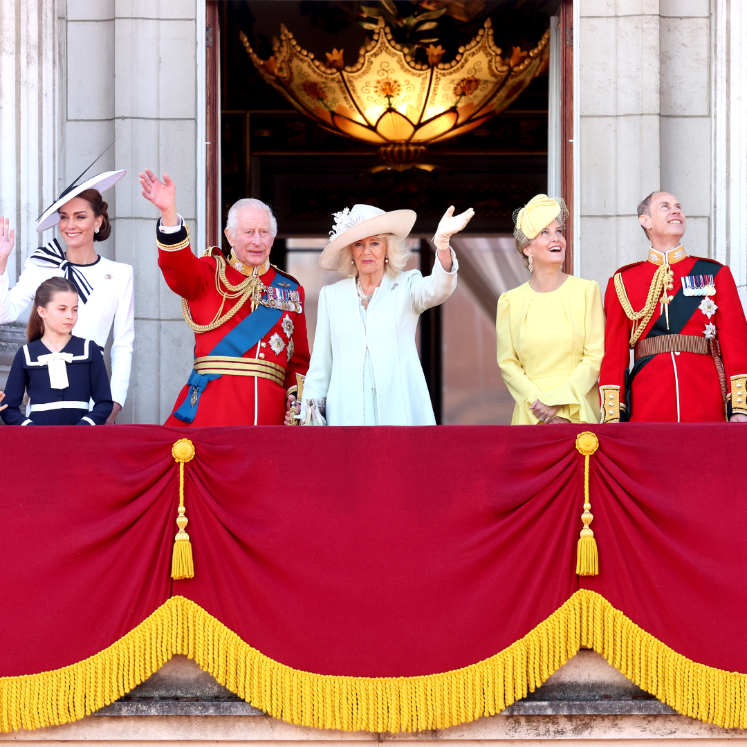 King Charles, Queen Camilla, Prince William, Princess Kate, Prince George, Princess Charlotte, Prince Louis, Prince Edward, Duchess Sophie, Lady Louise on the balcony at Trooping the Colour 2024