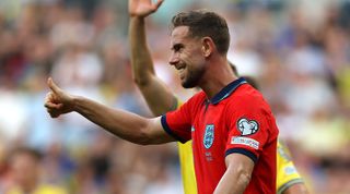 Jordan Henderson of England reacts during the UEFA EURO 2024 European qualifier match between Ukraine and England at Stadion Wroclaw on September 09, 2023 in Wroclaw, Poland.