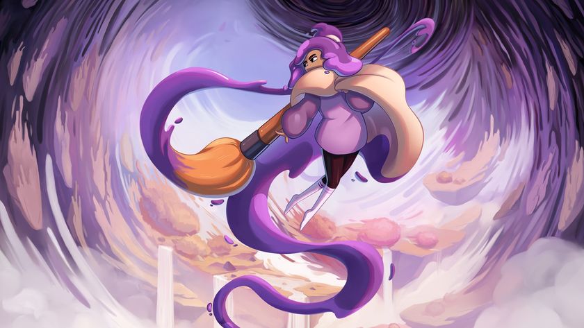 Key art showing Constance with a paintbrush on a background of brushstrokes