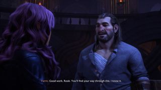 Dragon Age: The Veilguard screenshot of Varric encouraging Rook